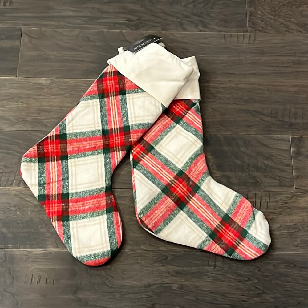 Ralph Lauren Christmas Stocking X 2 red green cream Plaid Holiday new 10”x20”